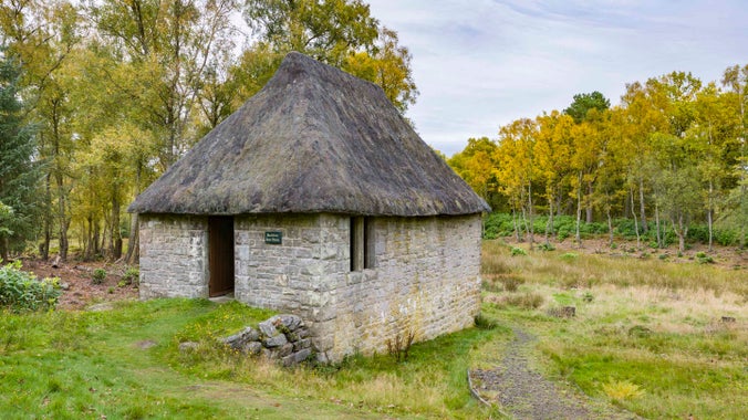 The Blackburn Boathouse, a small stone building with a thatched roof standing amongst trees with autumn leaves at Cragside, Northumberland